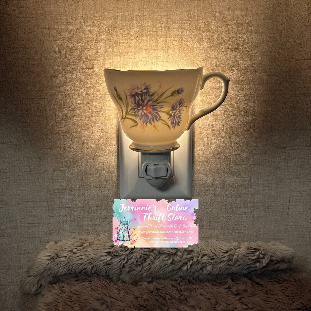 Vintage Floral Teacup Night Light Blue Cornflower Ceramic Gold Trim Plug In